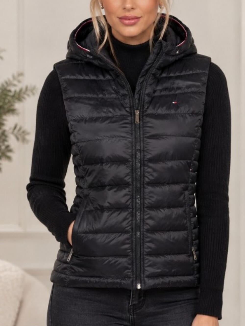 Tommy Hilfiger Black Quilted Hooded Puffer Vest with Subtle Logo
